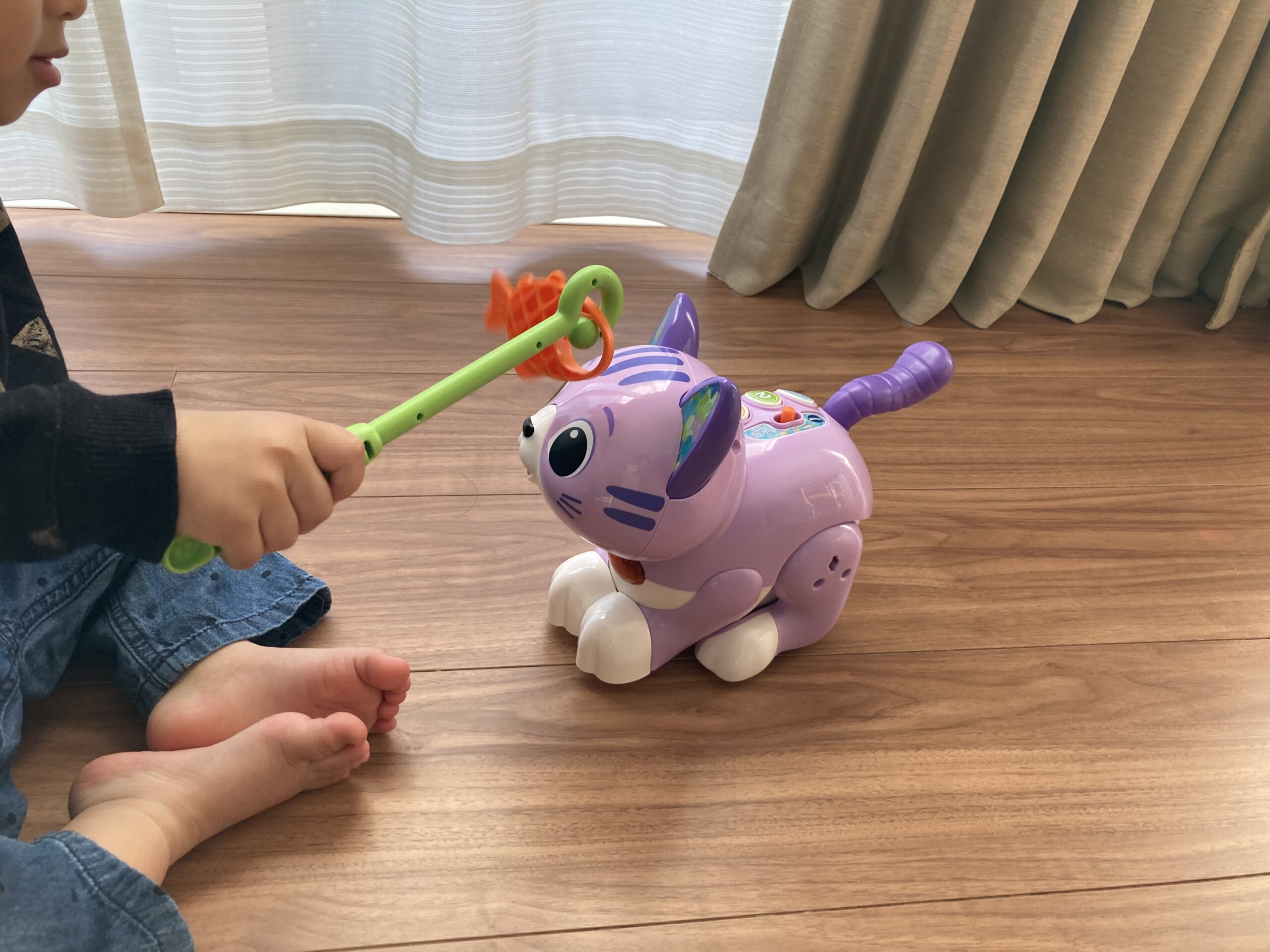 猫のおもちゃで遊ぶ2歳児